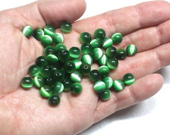 Vintage Green Cat's Eye Glass Beads, Destash Bargain Beads, Jewelry and Beading Supplies
