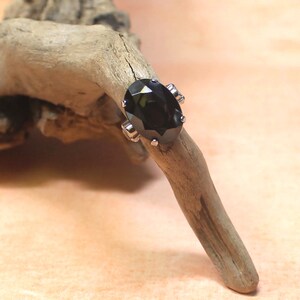 May include: A black oval-shaped gemstone ring with a silver setting. The ring is set on a piece of driftwood.