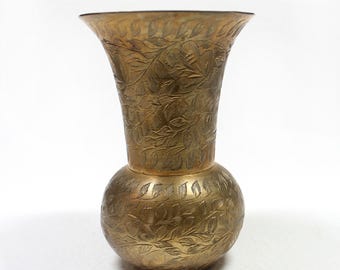 Vintage Brass Vase Etched with Floral Designs, Vintage Home Decor