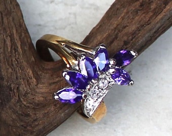 Vintage Simulated Amethyst Cocktail Ring: Gold Plated, Size 8.5