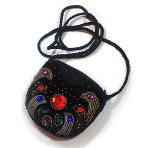 Vintage Black Beaded Handbag Long Shoulder Strap Beaded Purse