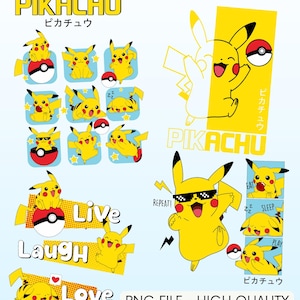 May include: A digital graphic featuring multiple yellow Pikachu illustrations in various poses, alongside the words "PIKACHU" and Japanese characters. The image also includes the phrases "Live, Laugh, Love" and "PNG FILE - HIGH QUALITY".