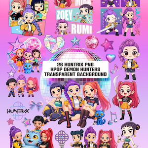 Può includere: Una collezione digitale di 26 file PNG Huntrix Kpop Demon Hunters con personaggi in stile chibi con capelli viola, rosa e neri, un gatto blu, palle da discoteca, stelle, cuori e note musicali su uno sfondo rosa con testo.