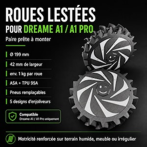 Op de afbeelding: Een paar verzwaarde wielen voor Dreame A1 en A1 Pro robotmaaiers. De wielen hebben een diameter van 199 mm, een breedte van 42 mm en wegen ongeveer 1 kg per wiel. Ze zijn gemaakt van ASA en TPU 95A en hebben vervangbare banden.