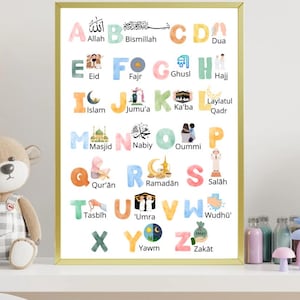 Alfabeto islámico, póster digital que representa las palabras clave del idioma árabe, impresión de pared decorativa y divertida, póster minimalista