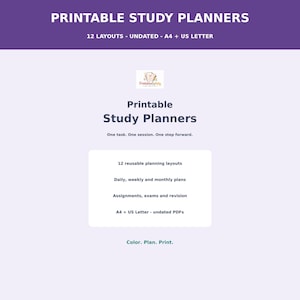 Op de afbeelding: Een digitaal productoverzicht voor printbare studieplanners met 12 herbruikbare lay-outs, dagelijkse, wekelijkse en maandelijkse plannen, en secties voor opdrachten, examens en revisie, beschikbaar als ongedateerde pdf's in A4 en US Letter-formaat.