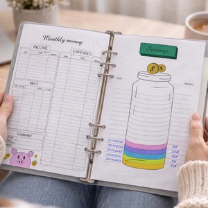 Peut inclure: Un planificateur ouvert sur une page intitulée « Monthly money ». La page comprend des sections pour les revenus, les dépenses et les factures. Une illustration d'épargne montre un bocal avec des pièces et des couches colorées. Un cochon tirelire rose est dans la section résumé.