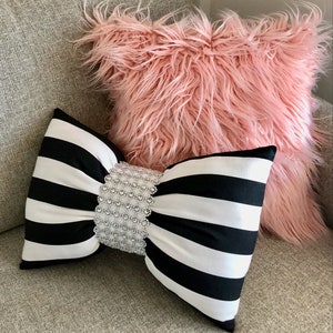 Silver Bling Black and White Stripe Unique Bow Shaped Lumbar Accent Pillow - 2 Sizes Available