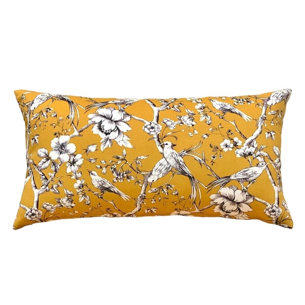 Ochre French Toile Lumbar Pillow For Bed Or Sofa - Bird Print Cotton - 22 x 12
