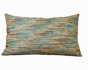 Blue Green Gold Variegated Chenille Stripe Lumbar Pillow For Bed Or Sofa- 20 x 12