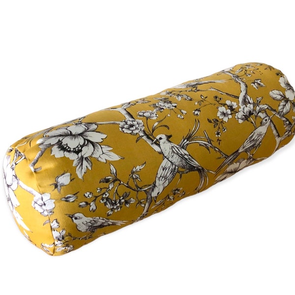 Ochre French Toile Neck Roll Bolster Pillow For Bed Or Sofa - Bird Print Cotton - 18x6