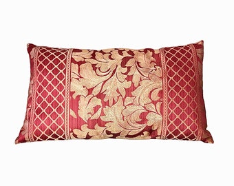 Red and Gold Damask Lumbar Pillow For Bed Or Sofa- 22 x 12