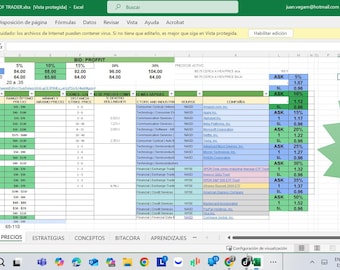 May include: A screenshot of a spreadsheet titled "PRO CALCULATOR OF TRADER" with various financial data, including bid, profit, and ask prices. The spreadsheet has multiple columns and rows with data, and a green starburst graphic with Spanish text.