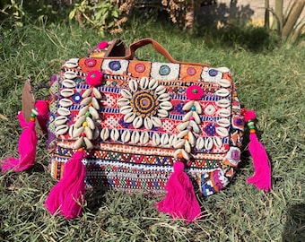 Boho Banjara Embroidered Sling Bag Cowrie Shell Tassel Tribal Crossbody Ethnic Festival Purse Handmade
