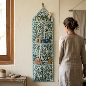 May include: A fabric wall organiser with a floral pattern in green, blue, and white. The organiser has three pockets and a light blue border. It is hanging on a cream-coloured wall. The pockets contain small items.
