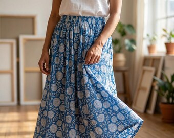 Handmade Blue Floral Block Print Cotton Maxi Skirt, Boho Beach Summer Clothing