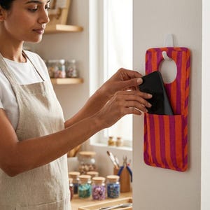 Op de afbeelding: Een rechthoekige stoffen wandorganizer met verticale oranje en paarse strepen. De organizer heeft een ronde uitsparing aan de bovenkant om aan een haak te hangen en een diepe zak aan de onderkant waar een zwarte rechthoekige smartphone in zit.