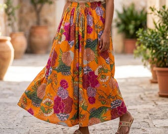 Handmade Orange Floral Cotton Maxi Skirt, Boho Beach Vacation Summer Clothing