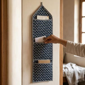 Puede incluir: Un organizador de pared con estampado azul marino y blanco con tres bolsillos. El organizador es de tela y tiene un lazo en la parte superior para colgarlo. Una mano está metiendo algo en uno de los bolsillos.