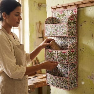 May include: A three-tiered fabric wall organiser featuring a floral pattern with green leaves, pink flowers, and blue accents on a white background. The pockets are trimmed with red and white striped fabric and hung from a wooden rack.