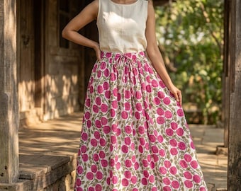 Handmade Cotton Maxi Skirt, Pink Floral Block Print, Boho Cottagecore Summer Vacation