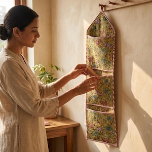 May include: A vertical wall-hanging fabric organiser featuring three quilted pockets with a yellow base and a multi-coloured floral pattern. The edges are finished with a red and white striped trim, and it hangs from a small fabric loop at the top.
