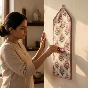 May include: A vertical wall-mounted fabric organizer featuring a pointed top and two open pockets. The textile has a cream background with a repeating pattern of pink floral motifs and green leaves, finished with a red and white striped trim.