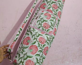 Handmade Quilted Cotton Yoga Mat Bag: Pink Floral Block Print, Indian Boho Style