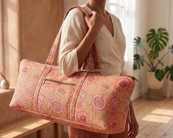 Gesteppte Baumwolle Yogamatten Tasche, Pfirsich Blumendruck, Handgefertigte Turnbeutel, Indische Reisetasche