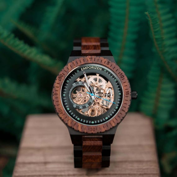 Personalized Wooden Watch for Men with Skeleton Dial & Automatic Movement - Watch Collecter Gifts for Boyfriend, Husband, Dad, Anniversary