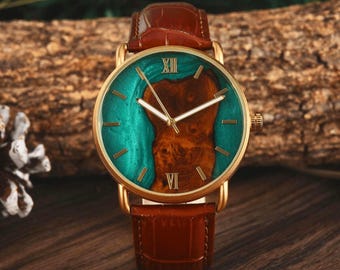 Engraved Resin Watches with Leather Strap, Groomsmen Watches, Anniverary Gifts for Him, Marriage Watches, Unique Mens Wrist Watches for Men