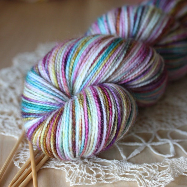 Hand Dyed Sock Yarn /  Teal Berry Rose Calypso / Superwash Merino Wool Nylon Variegated Fingering Weight Yarn / Dyed on Order