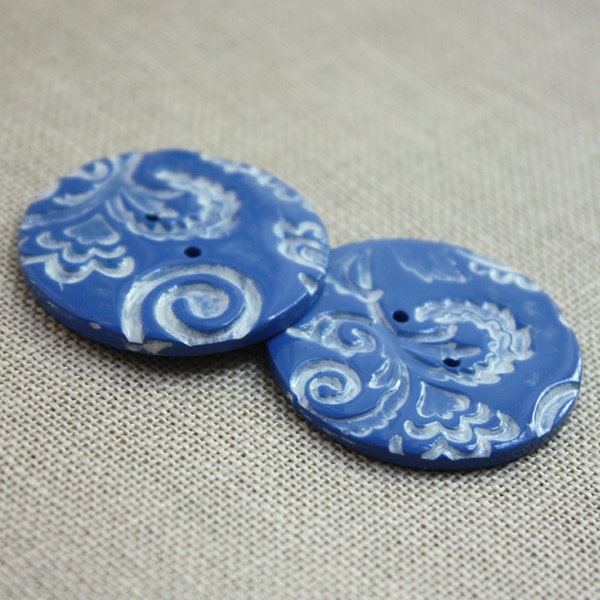 French Blue Handmade Buttons / SALE / Cornflower Blue White Filigree Handcrafted Lightweight Button Notions / Gifts Knitters Crafters Sewers