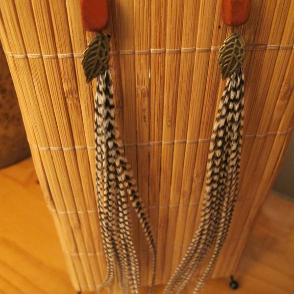 Beautiful black and white striped brass leaf  super long feather earrings grizzly