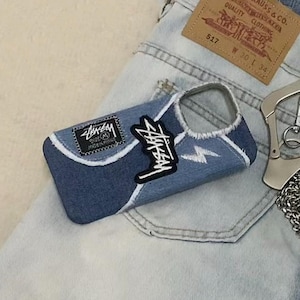 ヴィンテージストリートウェアデニム携帯ケース、ステューシーパッチ、刺繍ライトニングステッチ、ヒップホップグラフィティスタイル、iPhone Samsung Pixel用