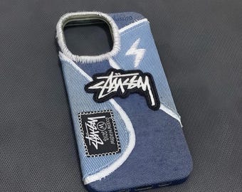 Vintage Streetwear Denim Phone Case With Stussy Patches