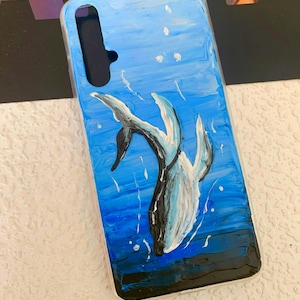 Custodia per telefono con balena, custodia per telefono con motivo oceanico, custodia con animale marino dipinto a mano in 3D, guscio protettivo in stile marino blu intenso