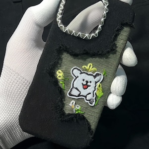 Cute Embroidered Dog Denim Phone Case, Cartoon Animal Patch iPhone Case, Handmade Fabric Cover with Flowers, Kawaii Aesthetic Gift