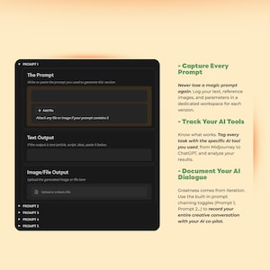 May include: A digital interface with a dark background, featuring sections for prompts, text output, and image uploads. Text on the right side highlights features like prompt logging, AI tool tracking, and dialogue documentation. The interface is designed for creative AI collaboration.