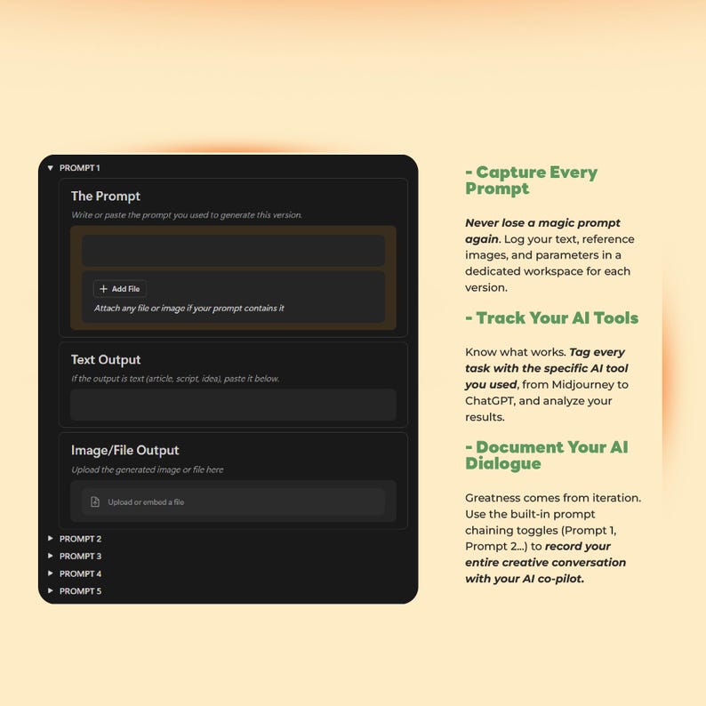 May include: A digital interface with a dark background, featuring sections for prompts, text output, and image uploads. Text on the right side highlights features like prompt logging, AI tool tracking, and dialogue documentation. The interface is designed for creative AI collaboration.
