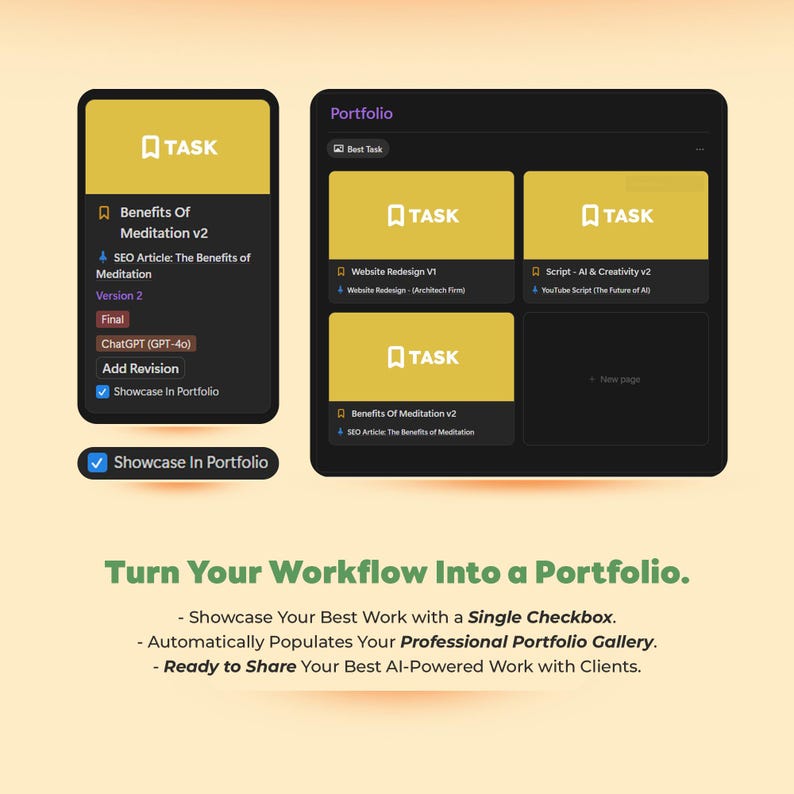 May include: A digital interface displays a portfolio with project cards. The interface showcases a mobile app screen with project details and a portfolio view with multiple project cards. Text includes "Benefits of Meditation v2" and "Showcase in Portfolio."