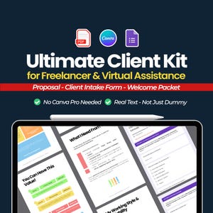 Op de afbeelding: Een laptopscherm waarop een digitale marketingkit voor freelancers en virtuele assistenten wordt weergegeven. De kit bevat een voorsteltemplate, een klantintakeformulier en een welkomstpakket. De tekst op het scherm luidt "Ultimate Client Kit for Freelancer & Virtual Assistance" en "Proposal - Client Intake Form - Welcome Packet".