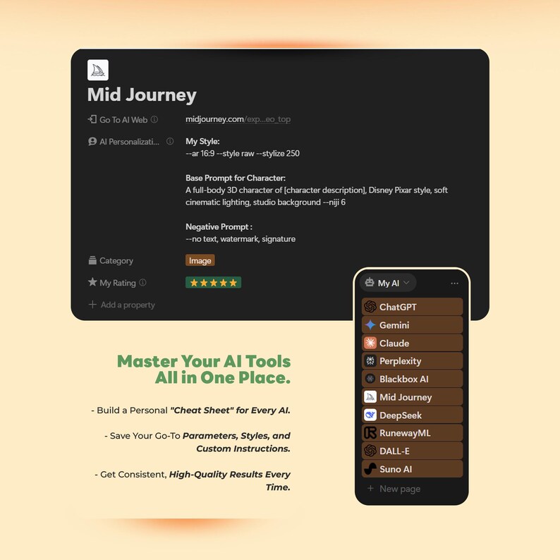 May include: A digital interface displays AI tool information, including "Mid Journey" and "ChatGPT." The screen shows prompts, styles, and negative prompts. Text reads "Master Your AI Tools All in One Place." A list of AI tools is on the right.