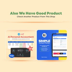 May include: Image featuring two digital product mockups. One is an "AI Personal Accountant" with a 57% off sticker. The other is a "SIMPLE Content Planner" with social media icons. Text at the top reads "Also We Have Good Product. Check Another Product From This Shop."