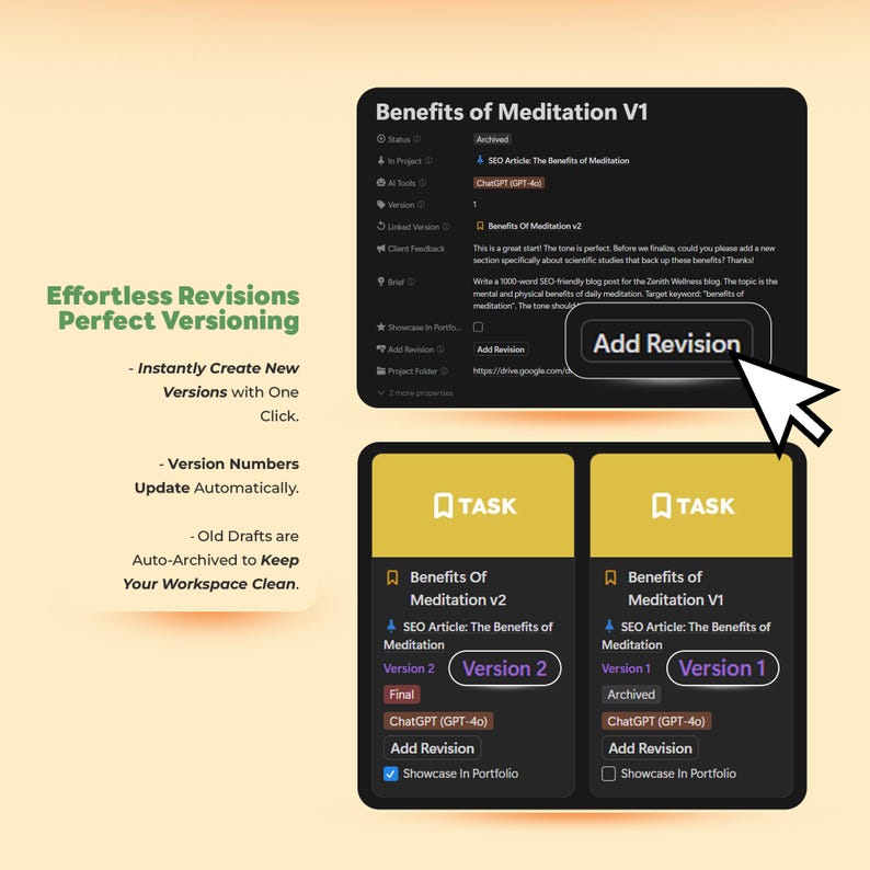 May include: A digital interface with the text "Benefits of Meditation V1" and "Benefits of Meditation v2". The interface includes options for revisions and version control, with a white arrow pointing to an "Add Revision" button.