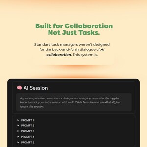 May include: Image of a digital interface with the text "Built for Collaboration Not Just Tasks." A black box labeled "AI Session" displays prompts. The background is a light orange color.