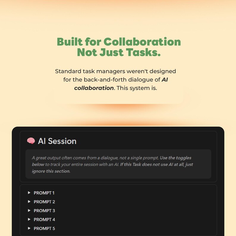 May include: Image of a digital interface with the text "Built for Collaboration Not Just Tasks." A black box labeled "AI Session" displays prompts. The background is a light orange color.
