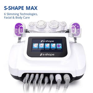 以下が含まれることがあります： デジタルディスプレイ付きの白と紫のS-SHAPE MAXフェイシャル＆ボディケアデバイス。このデバイスには、RF、EMS、レーザーなど、さまざまな治療のための複数のアタッチメントがあります。このデバイスは、合計6つのスリム化テクノロジーを備えています。