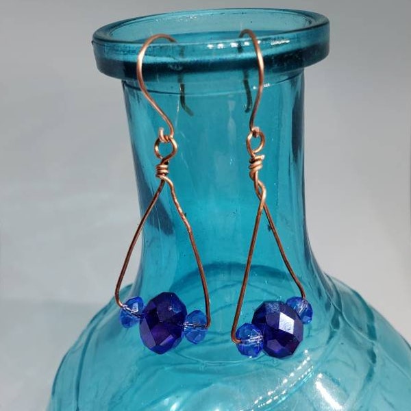 Blue Glass Crystals and Hand Formed Copper Triangle Dangle Earrings, Gifts for Her, Womens Drop Earrings Jewelry, Copper Formed Earwires