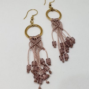 Macrame Owl Handmade Gold Hoop Earrings, Pink Glass Bead Dangle Earrings, Knotted Owl Macrame Womens Earrings, One of a Kind Owl Earrings